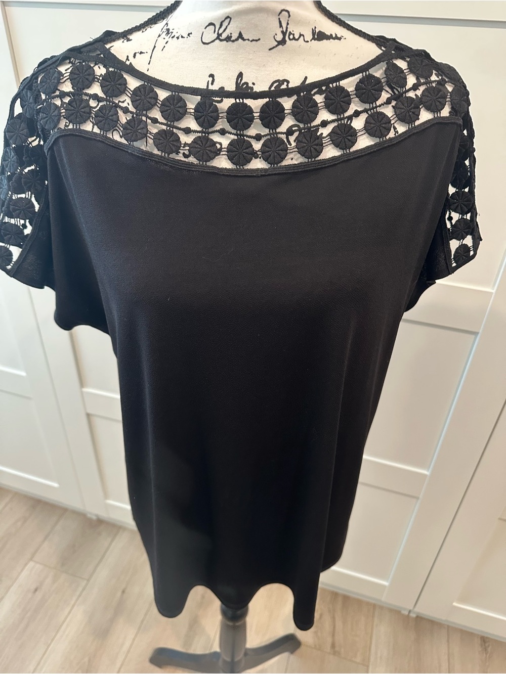 Black Short-Sleeve Top with Crochet Yoke size large